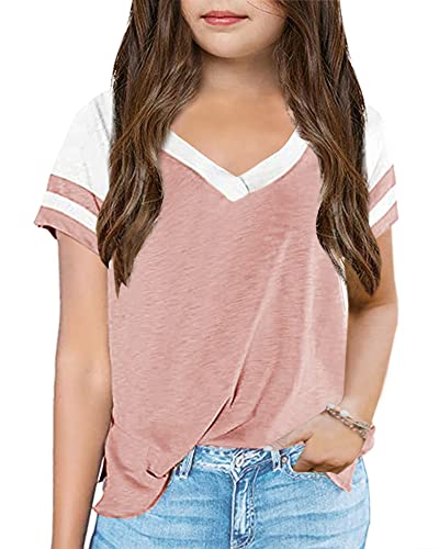 Kids Color Block V Neck Short Sleeve T-Shirt - 7-8 Years Pink