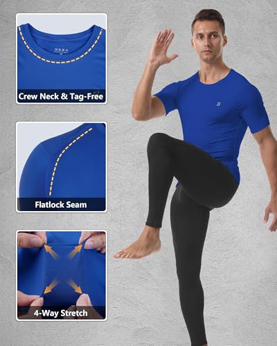 Roadbox Men's Compression Shirt Short Sleeve - Small Black/White/Royal Blue 3-Pack Athletic Workout Tops