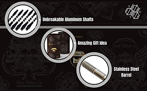SHOT TAKER CO. 22g Black Skull Steel Tip Darts Set - Professional 6pc with Shafts, Flights & Sharpener