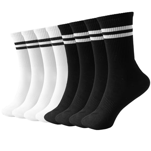 Striped Cotton Crew Socks - Long Athletic Breathable - 4 White + 4 Black