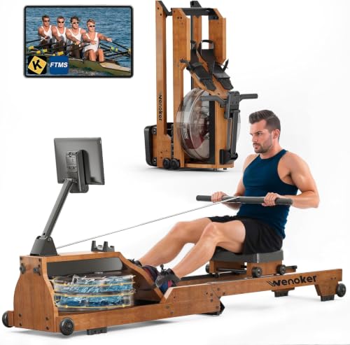 Water Rowing Machine for Home Use - Wooden Foldable Rower with Monitor & Bluetooth APP - Wood Grain