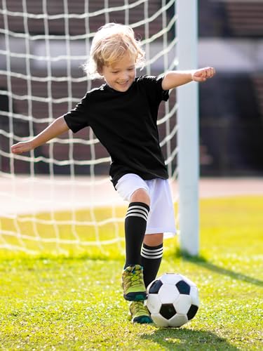 Kids Soccer Socks - Cotton Knee High Socks for Ages 6-9 - Black, White, Rose Red, Pink