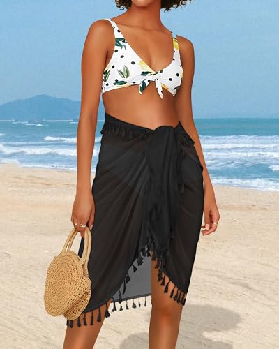 Women’s Black Beach Sarong Wrap with Tassels - Swimsuit Cover Up