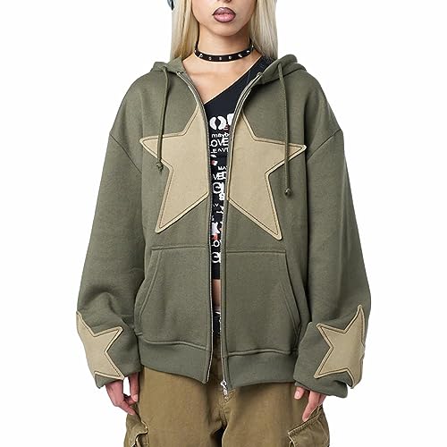 Karwuiio Women's Y2K Zip Up Hoodie Gray Green Large Star Graphic Oversized Sweatshirt