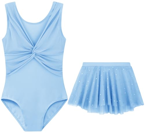 Mesh Front Dance Leotard for Girls with Removable Tutu - Light Blue / 3-4T