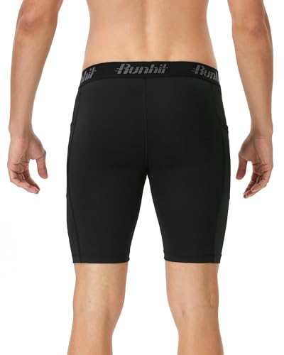 Runhit Men's Compression Shorts with Pocket - Black, Large, Athletic Workout Underwear