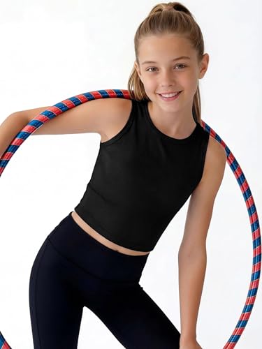 Kids Athletic Tank Top - Sleeveless Ribbed Crop Top, 9-10 Years / Black