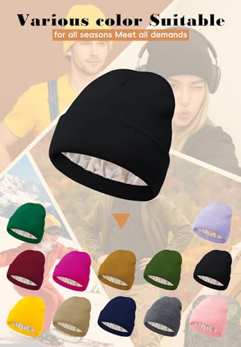 Satin Lined Beanie for Women - Frizz-Free Knit Winter Hat - Black