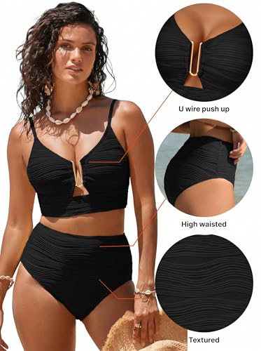 Herseas Women High Waisted U Wired Textured 2-Piece Bikini Set - Large Black