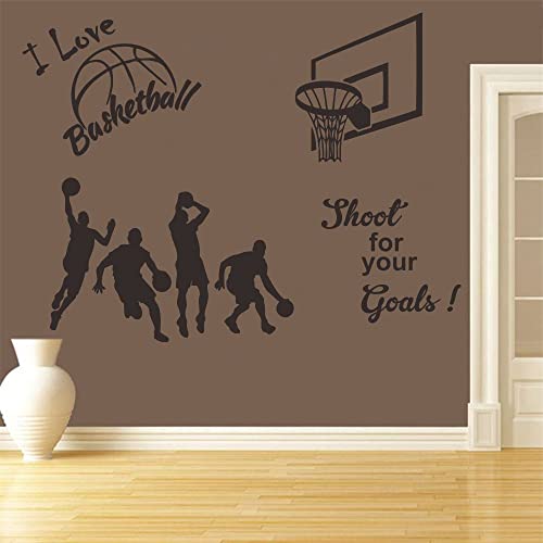Basketball Wall Sticker for Boys Room - Action Silhouettes & Hoop Design with ¡°I Love Basketball¡± Quote - Removable Vinyl PVC Decal for Bedroom, Playroom, Sports Decor - 32x23 Inch JWH178 (Black)
