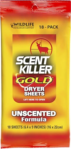 Wildlife Research Scent Killer Gold Dryer Sheets Unscented 18 Sheets | Odor Control & Static Reduction