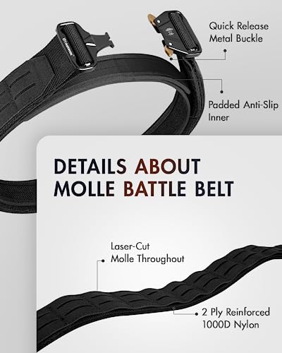 FAIRWIN Tactical Battle Belt with Quick Release Buckle, 2-Inch Molle Combat Belt, Law Enforcement Duty Belt for Men, Black, Waist 30-36 inches