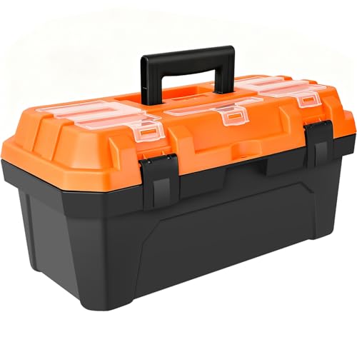 17-inch Tool Box with Removable Tray,Multipurpose Plastic Storage Box/Portable Tool Boxes/Art Craft Organizer, Three Small Parts Storage On The Lid