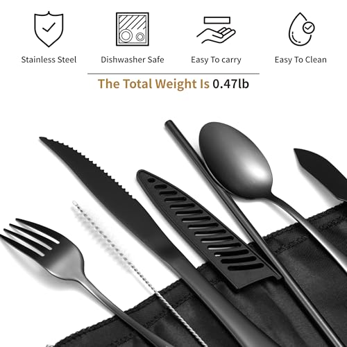 Portable Camping Cutlery Set - Eco-Friendly Silverware with Case - Black