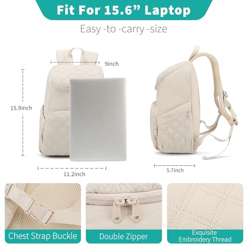 NOL Women's Quilted Waterproof Puffer Backpack - Cream Large Travel Daypack