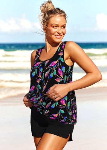 MODLILY 2-Piece Tankini Swimsuits for Women with Tropical Plants, X-Large Black
