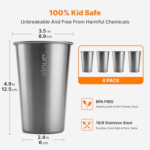 Vinur 16 oz Stainless Steel Pint Cups, 4 Pack - Silver, Stackable