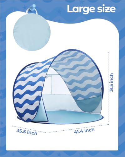 Pop Up Baby Beach Tent - Blue Wave Stripes Portable Toddler Sun Shade with UPF 50+