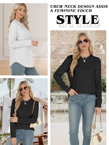 Long Sleeve Tunic Top for Women - Crew Neck Side Split - Black, Medium