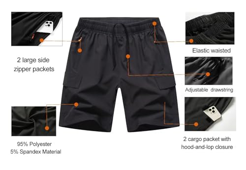 Boys Cargo Shorts - Quick Dry Lightweight Hiking Shorts with Zipper Pockets - Size 13-14, Black