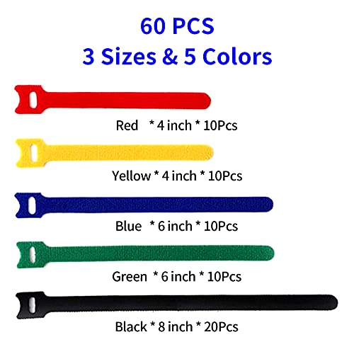 60-Pack Reusable Fastening Cable Ties - Adjustable Cord Straps in 3 Sizes