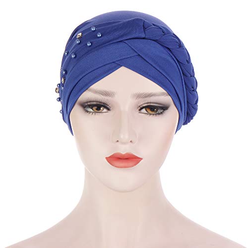 Women's Beaded Pre-Tied Turban Hat - Soft Silky Chemo Beanie - Blue