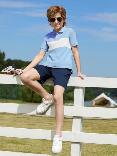 Boys Color Block Polo Shirt - Short Sleeve, Sky Blue, 13-14 Years