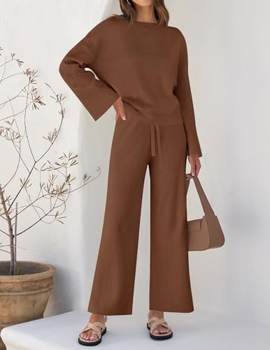 ZESICA 2-Piece Knit Sweater Set for Women, Caramel Small Loungewear Outfit