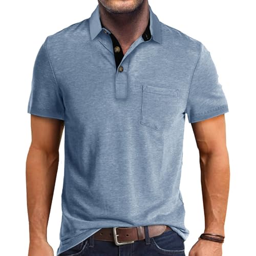 Men's Light Blue Summer Polo Shirt with Pocket - Large, Casual Golf Tee