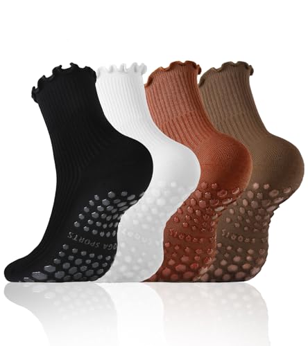 Non-Slip Pilates Socks for Women - 4 Pairs with Ruffles - Black, Brown, Caramel, White
