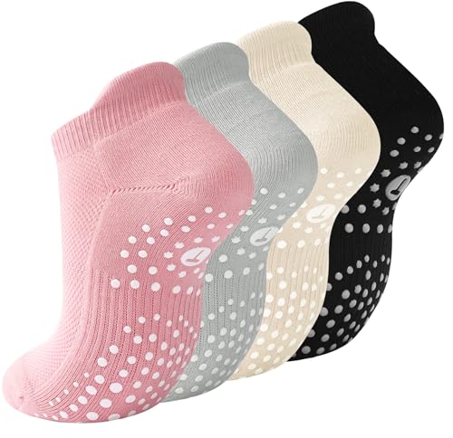 Non-Slip Grip Socks for Men - 4 Pairs in Pink, Black, Ivory, Grey