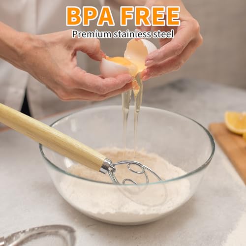 Danish Dough Whisk - Stainless Steel Bread Mixer with Wooden Handle - Double Eye