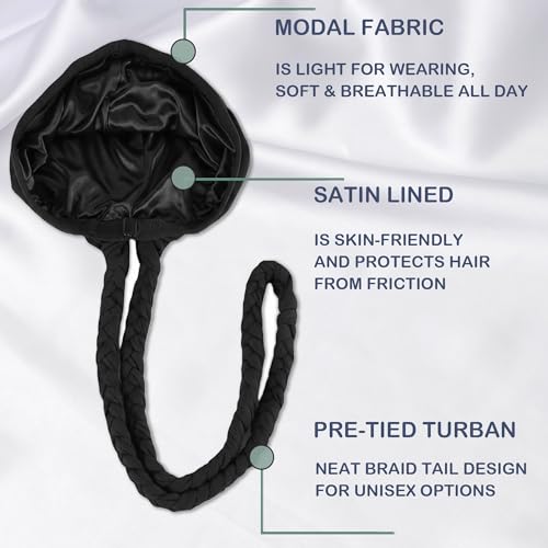 Babalet Satin Lined Halo Turban Durag - Black/Grey 2pc, Pre-Tied