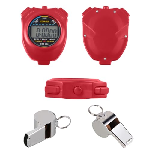 Digital Stopwatch Timer with Stainless Steel Whistle - Red