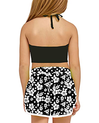 Kids Hawaiian Swim Board Shorts - Quick Dry Floral Black, 11-12 Years