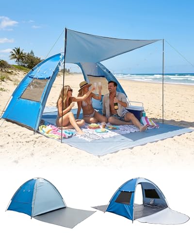Blue 3-Person Beach Tent Sun Shelter UPF 50+ UV Protection Portable Canopy