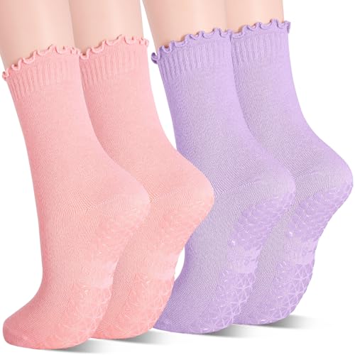 Non-Slip Yoga Socks with Grips - Ruffle Cuff, 2 Pairs, Purple+Pink