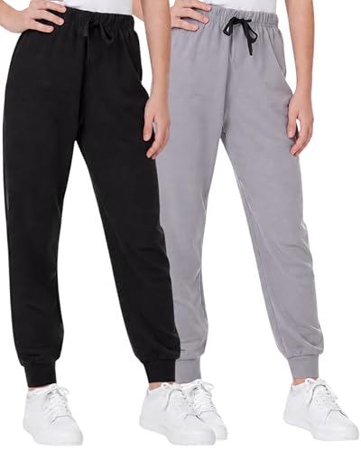 Girls Fleece Jogger Sweatpants - 2 Pack Black & Heather Grey, Sizes 5-18