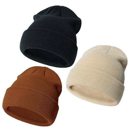Baby Beanie 3-Pack Winter Hats for Toddler 6-24 Months - Black/Beige/Deep Camel