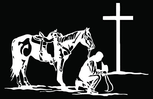 Christian Cowboy Horse Praying Vinyl Decal Sticker - 6 Inch Gloss White