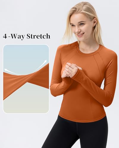 Women's Compression Long Sleeve Workout Shirt with Thumb Holes - Orange, X-Large