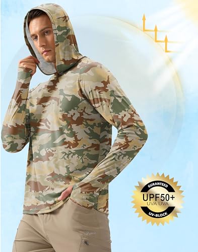 Pudolla Men's UPF 50+ Sun Protection Hoodie Shirt - Large Brown Camo