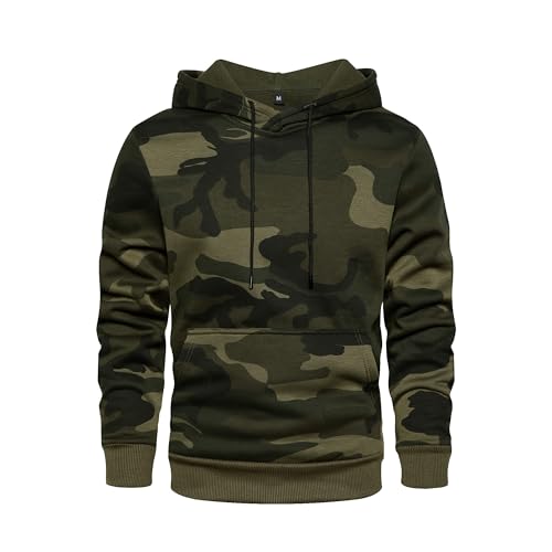 Men's Army Green Medium Fleece Pullover Hoodie with Kangaroo Pocket - Sports & Activewear
