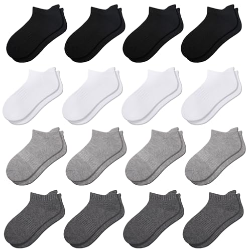 Comfoex Kids Ankle Socks 16 Pairs for Boys & Girls, Athletic Cushioned Low Cut Socks, 4-10 Years Old, 4 Color Variations