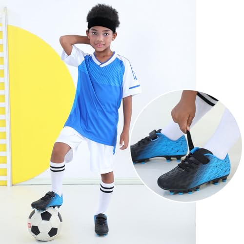 Kids Soccer Cleats Firm Ground Boys Girls Athletic Outdoor Football Shoes - 13 Little Kid, Black Blue