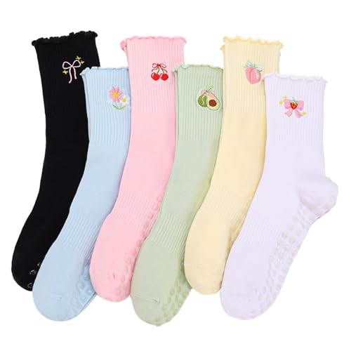 6 Pairs Colorful Grippy Socks for Women - Cute Pilates Gift