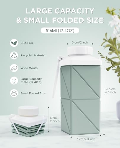 Collapsible Water Bottle 17.4oz - Sage Green, Leakproof & Portable