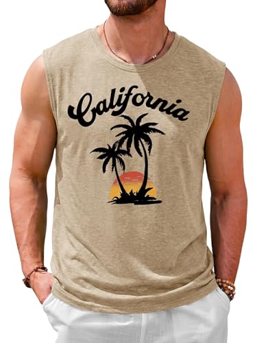 Casual Men's Tank Top - Palm Tree Graphic Print - Apricot, Medium