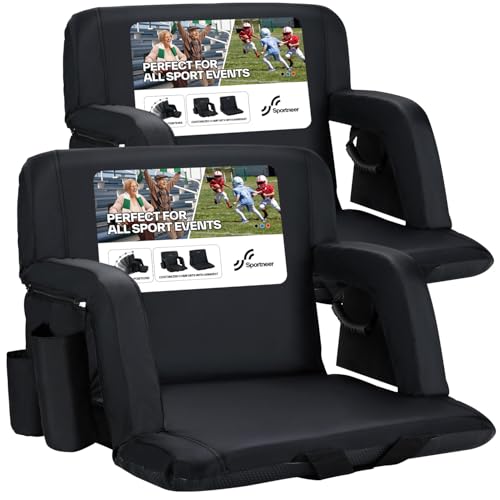 Stadium Seat with Back Support - 2.5" Thick Cushion, 6 Recline Positions, 2 Cup Holders - Black, 2 Pack, Extra Wide 24"