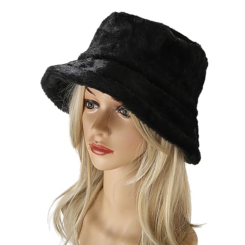 Women's Black Faux Fur Bucket Hat - Warm Winter Fisherman Cap